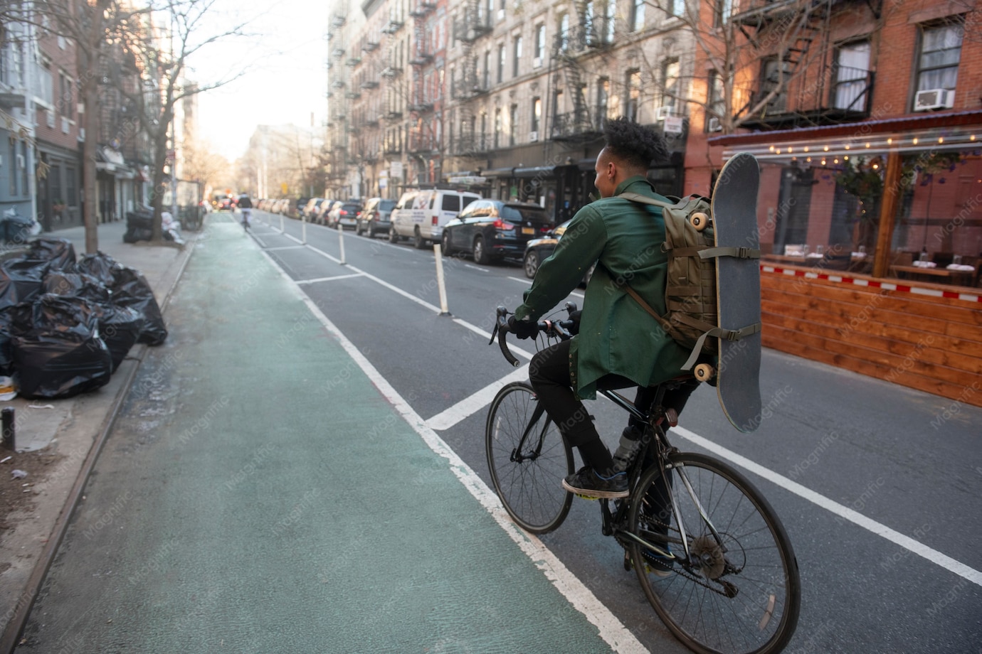 A person riding a bicycle on a streetDescription automatically generated